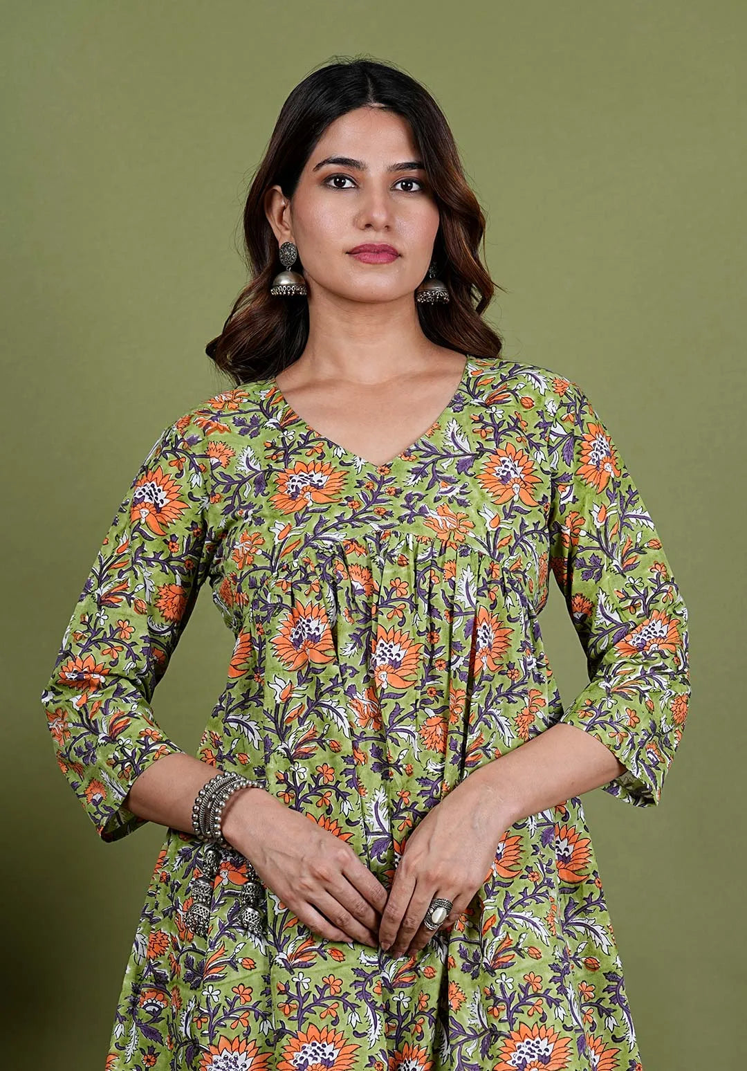 Vamika – Floral Block Print Premium Cotton 2 Piece Kurta Set in Green Color, Tarangini Collection – Ethnic Wear