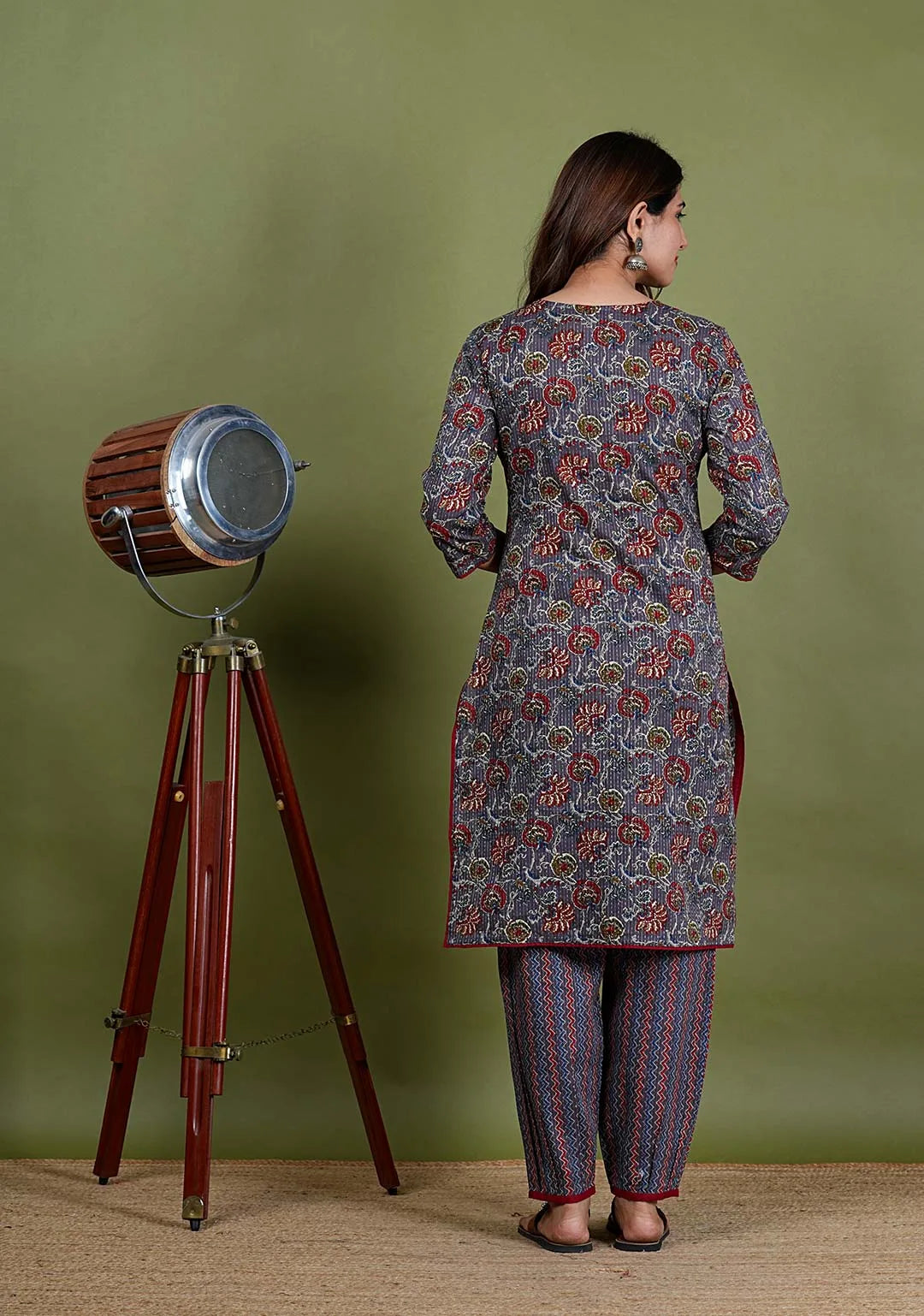 Anasuiya – Floral Print Katha Cotton 2 Piece Kurta Set in Grey Color, Amba Collection – Ethnic Wear