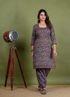 Anasuiya – Floral Print Katha Cotton 2 Piece Kurta Set in Grey Color, Amba Collection – Ethnic Wear