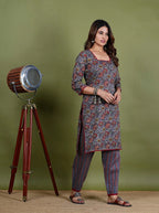 Anasuiya – Floral Print Katha Cotton 2 Piece Kurta Set in Grey Color, Amba Collection – Ethnic Wear