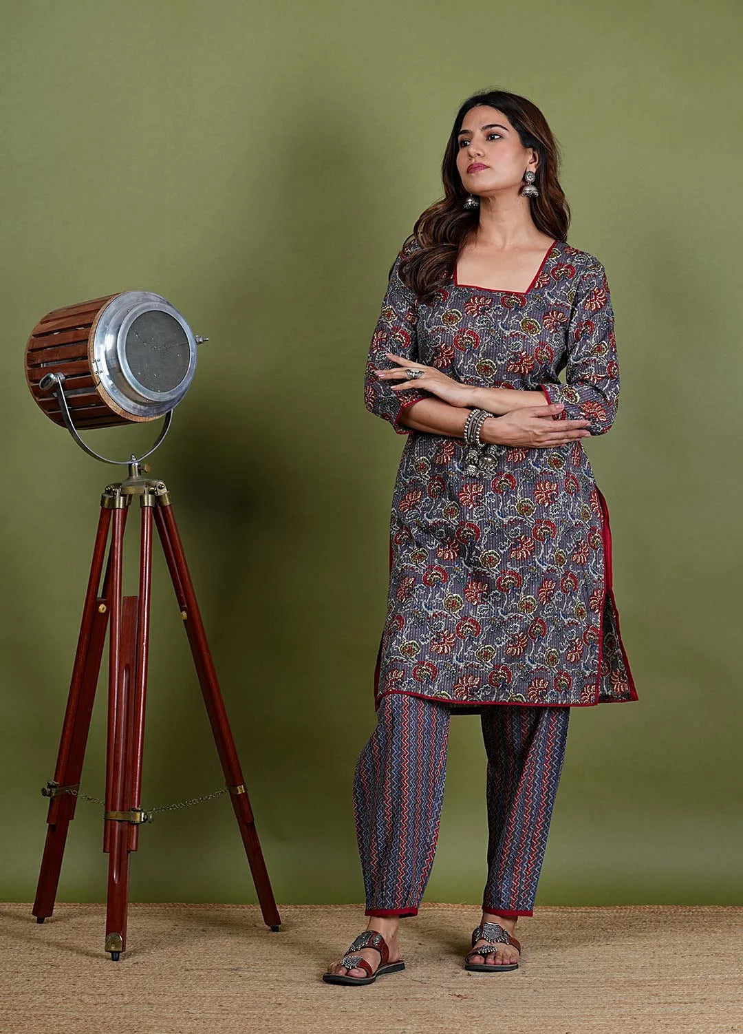 Anasuiya – Floral Print Katha Cotton 2 Piece Kurta Set in Grey Color, Amba Collection – Ethnic Wear