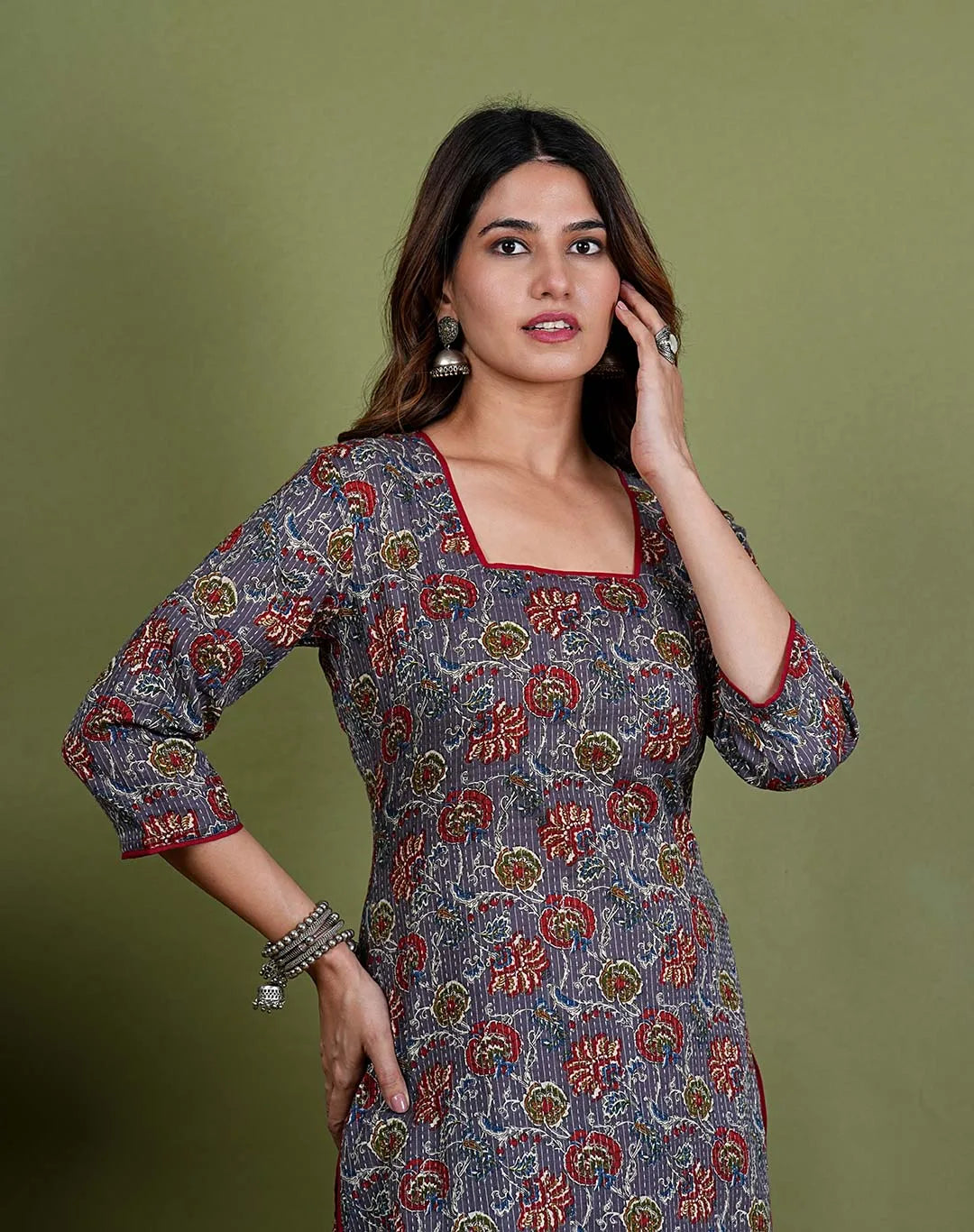 Anasuiya – Floral Print Katha Cotton 2 Piece Kurta Set in Grey Color, Amba Collection – Ethnic Wear