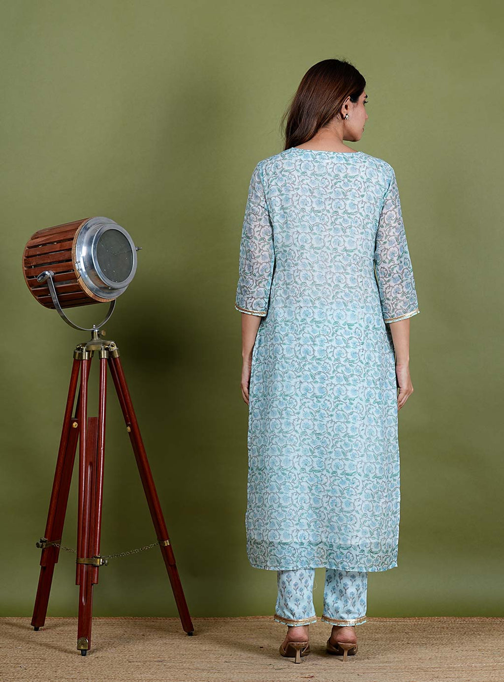 Arohi – Floral Block Print Chanderi Silk 3 Piece Suit Set in Light Blue Color, Tarangini Collection – Ethnic Wear