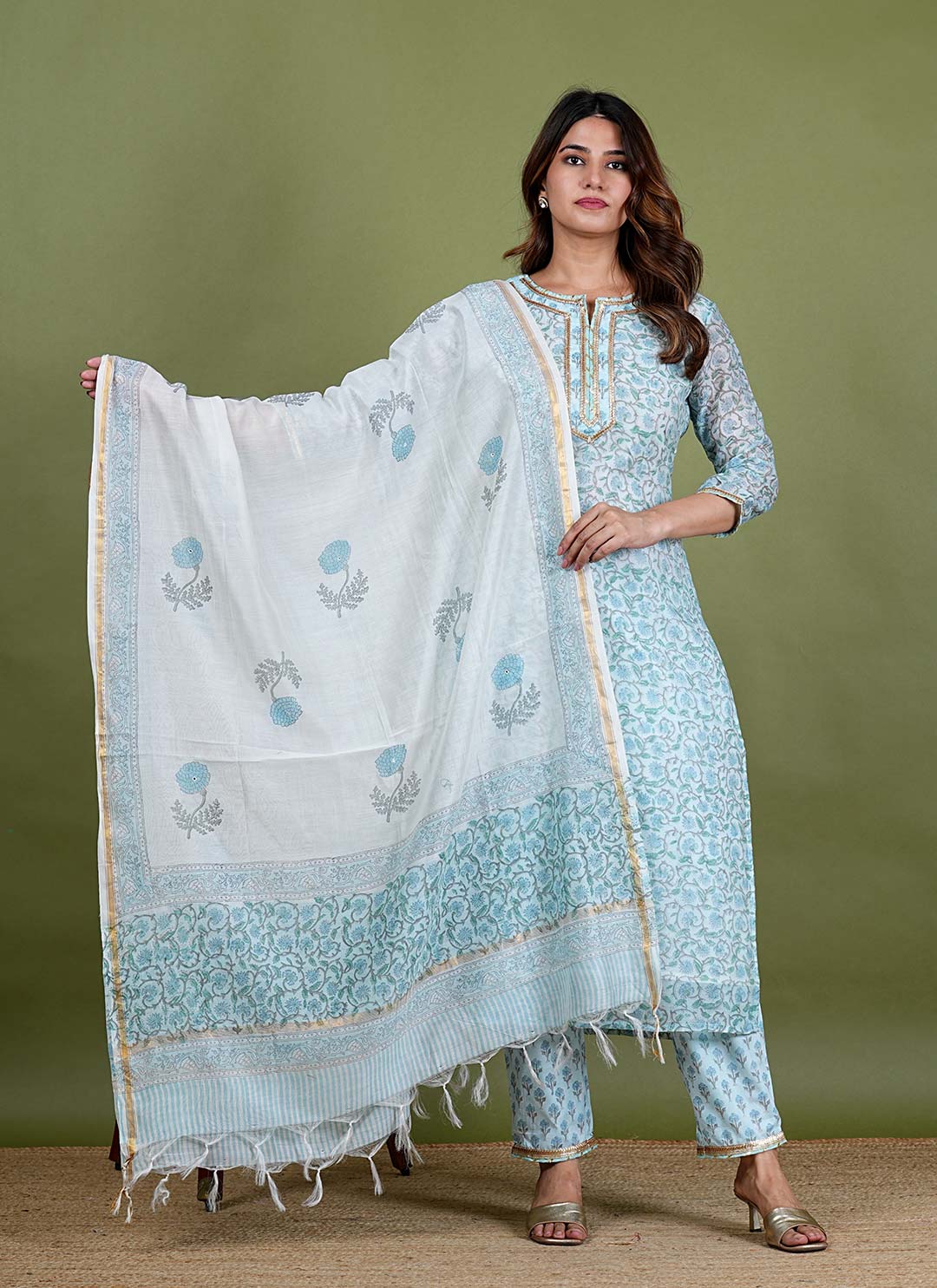 Arohi – Floral Block Print Chanderi Silk 3 Piece Suit Set in Light Blue Color, Tarangini Collection – Ethnic Wear
