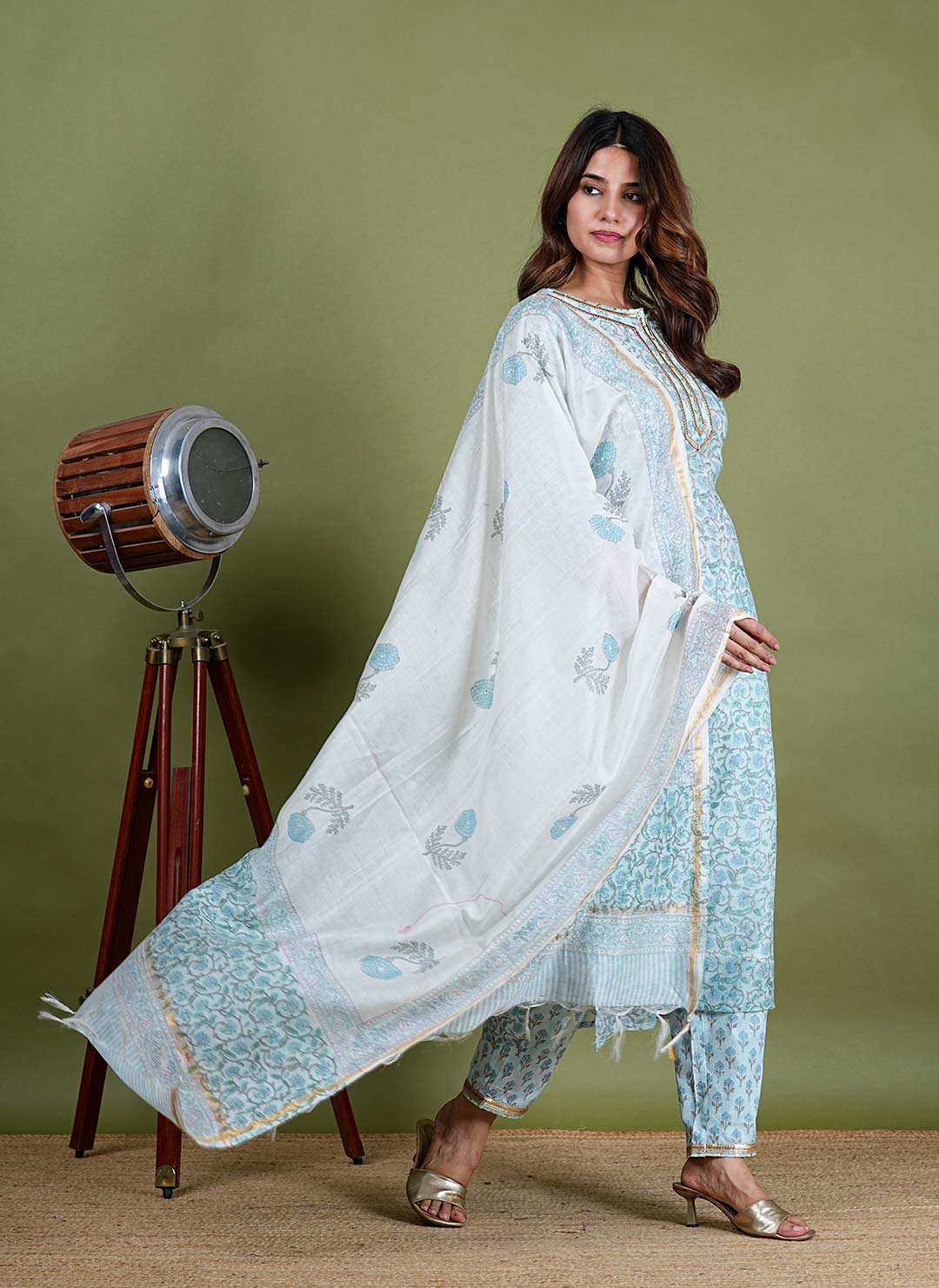Arohi – Floral Block Print Chanderi Silk 3 Piece Suit Set in Light Blue Color, Tarangini Collection – Ethnic Wear
