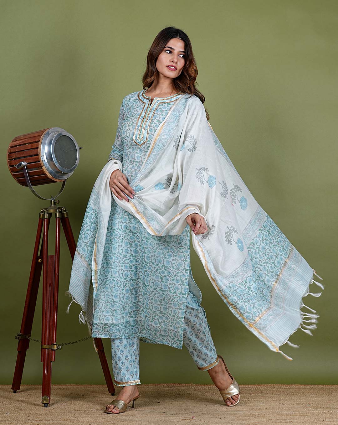 Arohi – Floral Block Print Chanderi Silk 3 Piece Suit Set in Light Blue Color, Tarangini Collection – Ethnic Wear