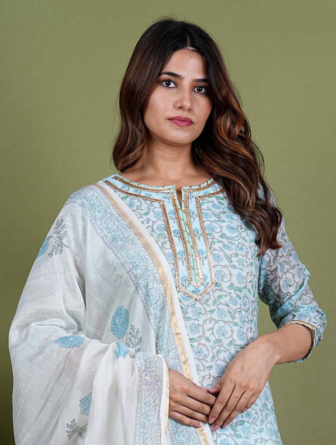 Arohi – Floral Block Print Chanderi Silk 3 Piece Suit Set in Light Blue Color, Tarangini Collection – Ethnic Wear