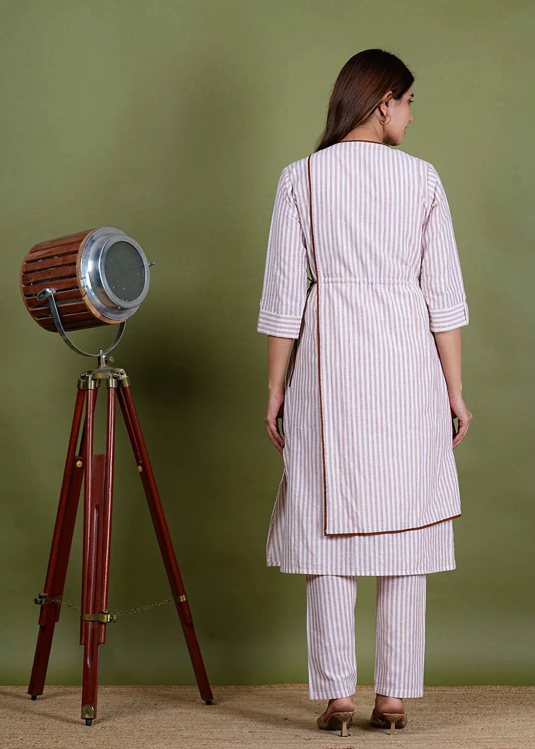 Aadarshini – Stripes South Cotton 2 Piece Kurta Set in Beige Color, Amba Collection – Indo Western Wear