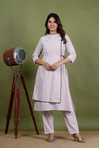 Aadarshini – Stripes South Cotton 2 Piece Kurta Set in Beige Color, Amba Collection – Indo Western Wear