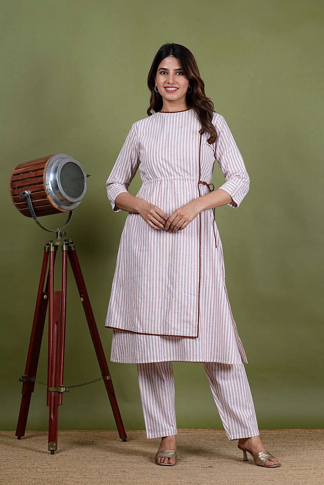 Aadarshini – Stripes South Cotton 2 Piece Kurta Set in Beige Color, Amba Collection – Indo Western Wear
