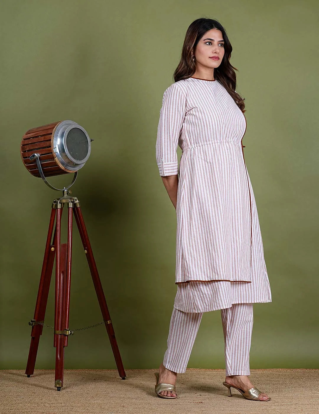 Aadarshini – Stripes South Cotton 2 Piece Kurta Set in Beige Color, Amba Collection – Indo Western Wear