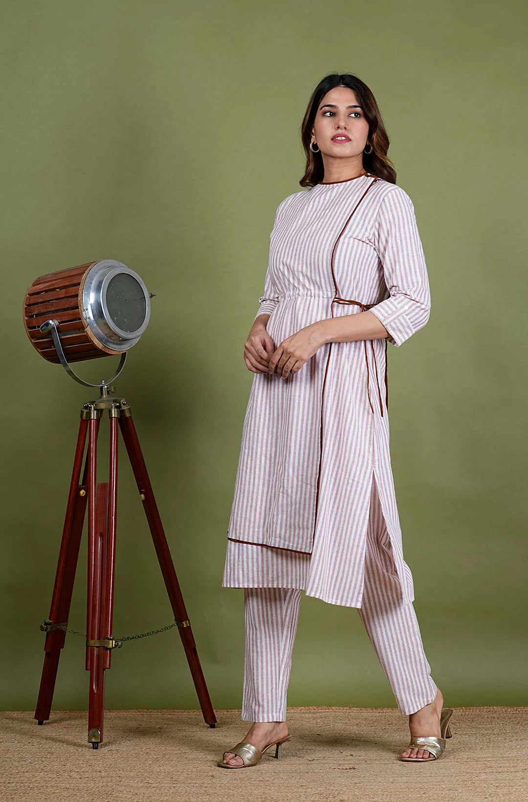 Aadarshini – Stripes South Cotton 2 Piece Kurta Set in Beige Color, Amba Collection – Indo Western Wear