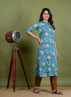 Anuradha – Floral Screen Print Mul Cotton 2 Piece Kurta Set in Teal Green Color, Amba Collection – Ethnic Wear