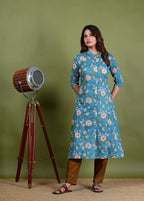 Anuradha – Floral Screen Print Mul Cotton 2 Piece Kurta Set in Teal Green Color, Amba Collection – Ethnic Wear