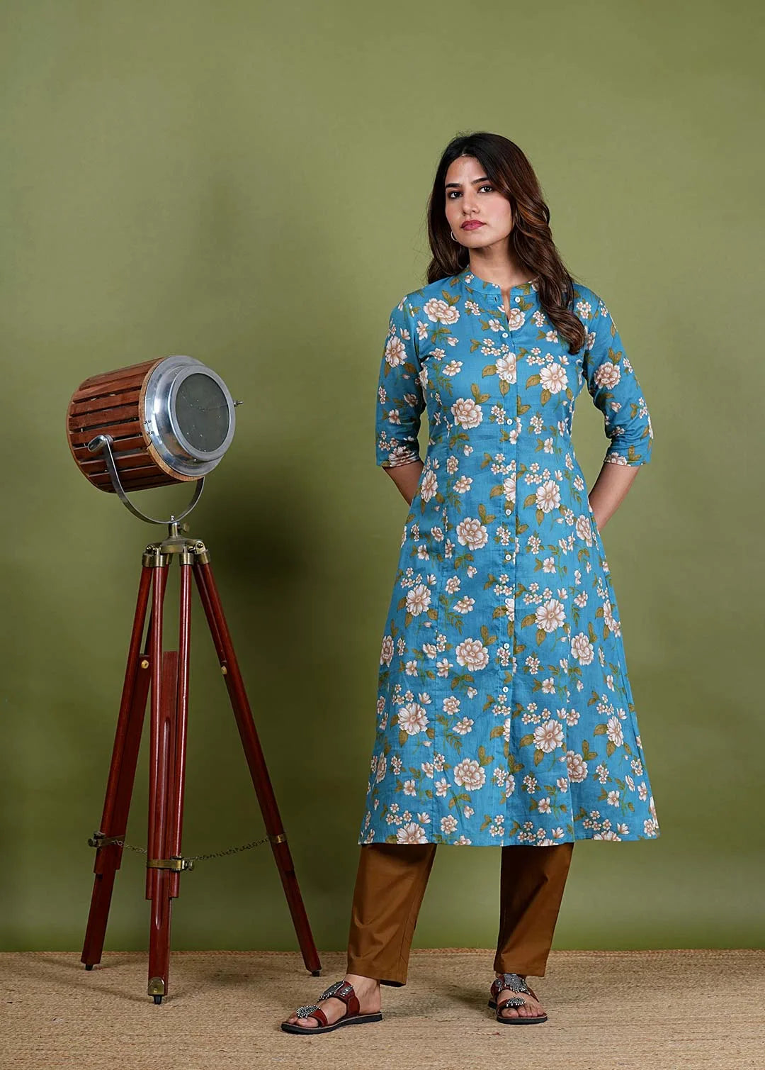 Anuradha – Floral Screen Print Mul Cotton 2 Piece Kurta Set in Teal Green Color, Amba Collection – Ethnic Wear