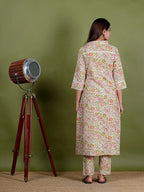 Anjushree – Floral Print Katha Cotton 2 Piece Kurta Set in Green Color, Amba Collection – Ethnic Wear