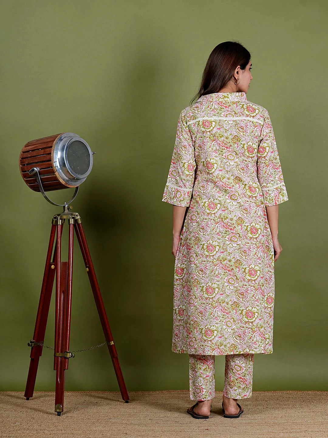 Anjushree – Floral Print Katha Cotton 2 Piece Kurta Set in Green Color, Amba Collection – Ethnic Wear