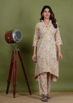 Anjushree – Floral Print Katha Cotton 2 Piece Kurta Set in Green Color, Amba Collection – Ethnic Wear