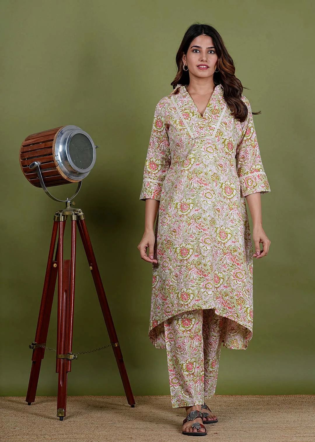 Anjushree – Floral Print Katha Cotton 2 Piece Kurta Set in Green Color, Amba Collection – Ethnic Wear