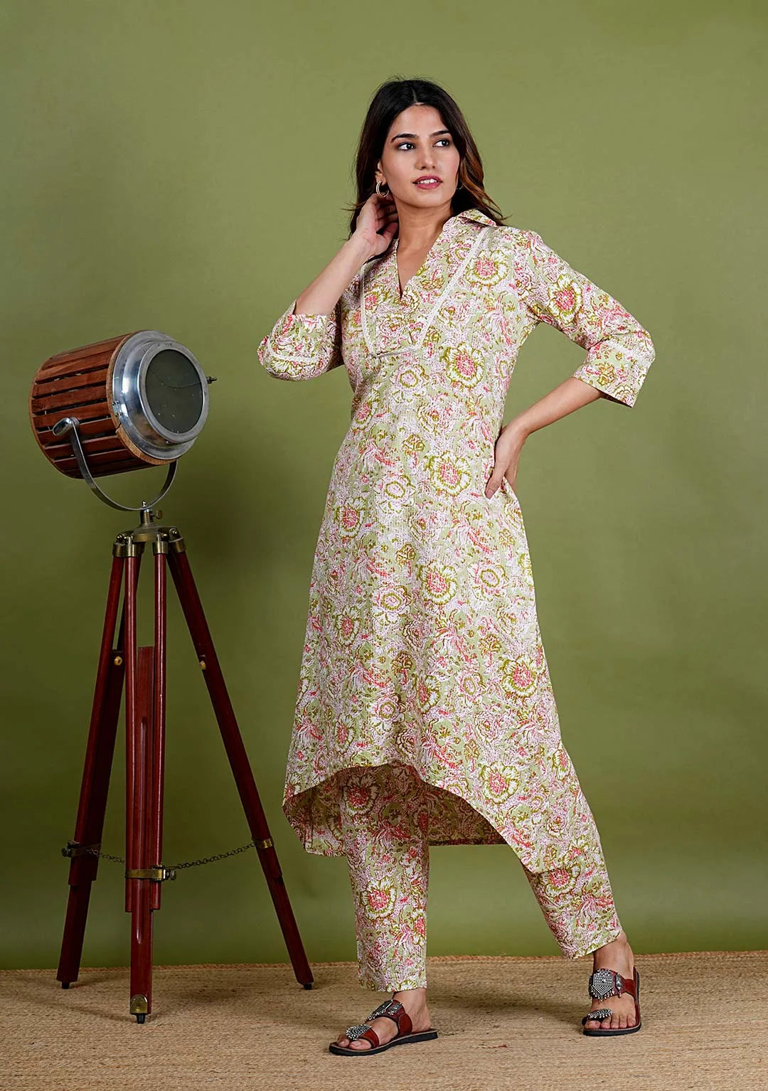 Anjushree – Floral Print Katha Cotton 2 Piece Kurta Set in Green Color, Amba Collection – Ethnic Wear