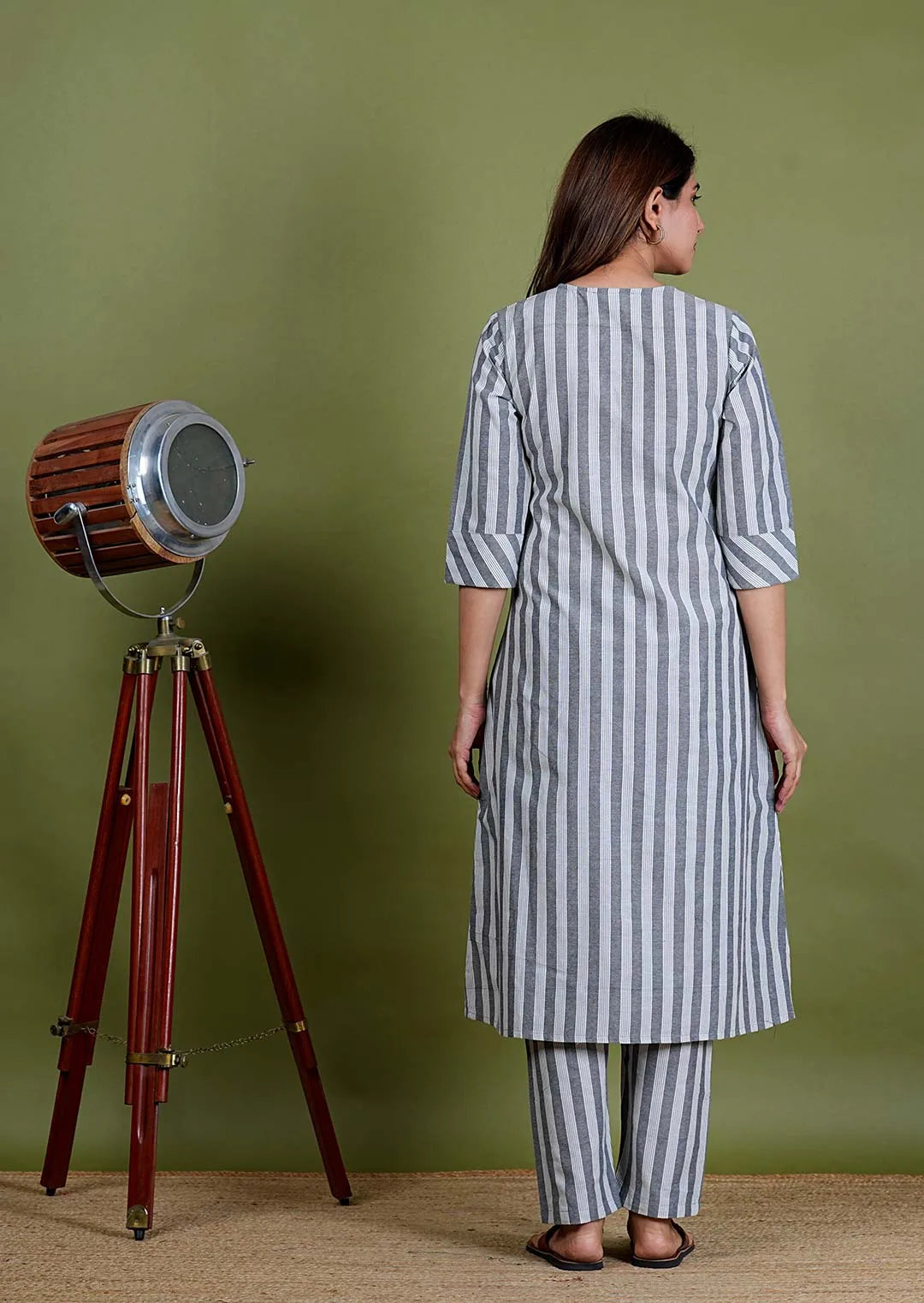 Aishwariya – Stripes South Cotton 2 Piece Kurta Set in Grey Color, Amba Collection – Ethnic Wear