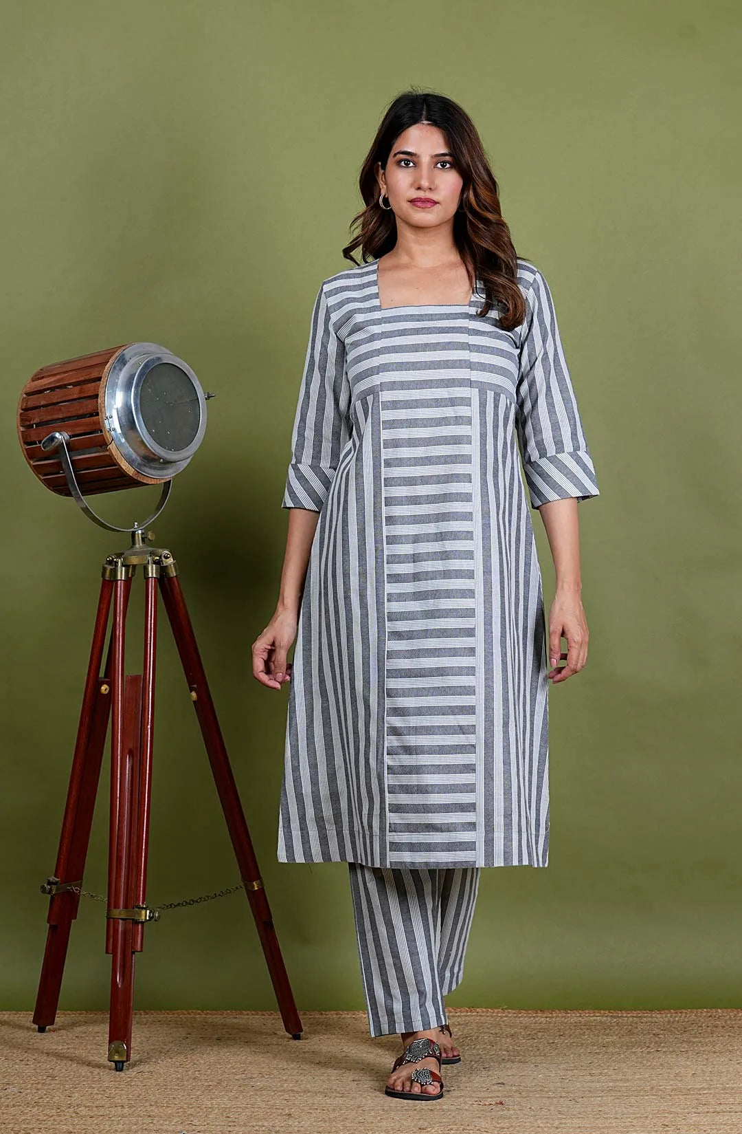 Aishwariya – Stripes South Cotton 2 Piece Kurta Set in Grey Color, Amba Collection – Ethnic Wear