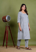 Aishwariya – Stripes South Cotton 2 Piece Kurta Set in Grey Color, Amba Collection – Ethnic Wear
