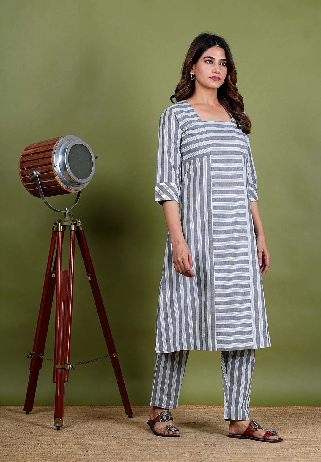 Aishwariya – Stripes South Cotton 2 Piece Kurta Set in Grey Color, Amba Collection – Ethnic Wear