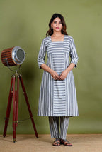 Aishwariya – Stripes South Cotton 2 Piece Kurta Set in Grey Color, Amba Collection – Ethnic Wear