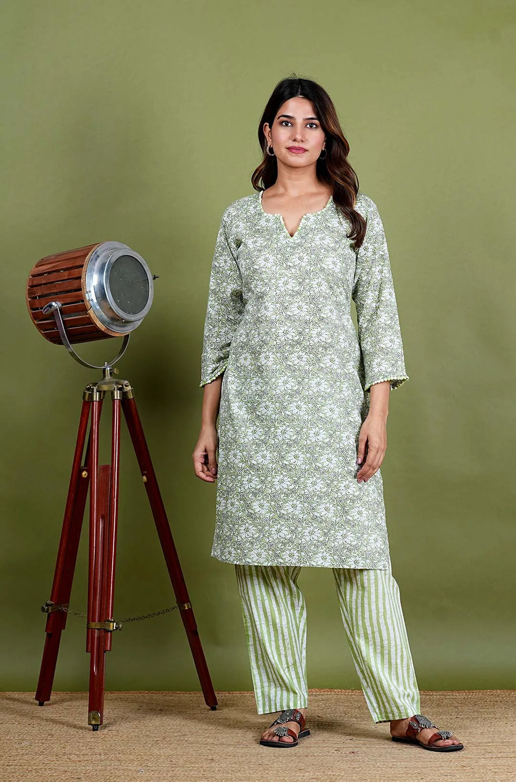 Aadvika – Floral Print Premium Cotton 2 Piece Kurta Set in Green Color, Amba Collection – Ethnic Wear