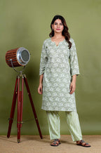 Aadvika – Floral Print Premium Cotton 2 Piece Kurta Set in Green Color, Amba Collection – Ethnic Wear