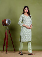 Aadvika – Floral Print Premium Cotton 2 Piece Kurta Set in Green Color, Amba Collection – Ethnic Wear