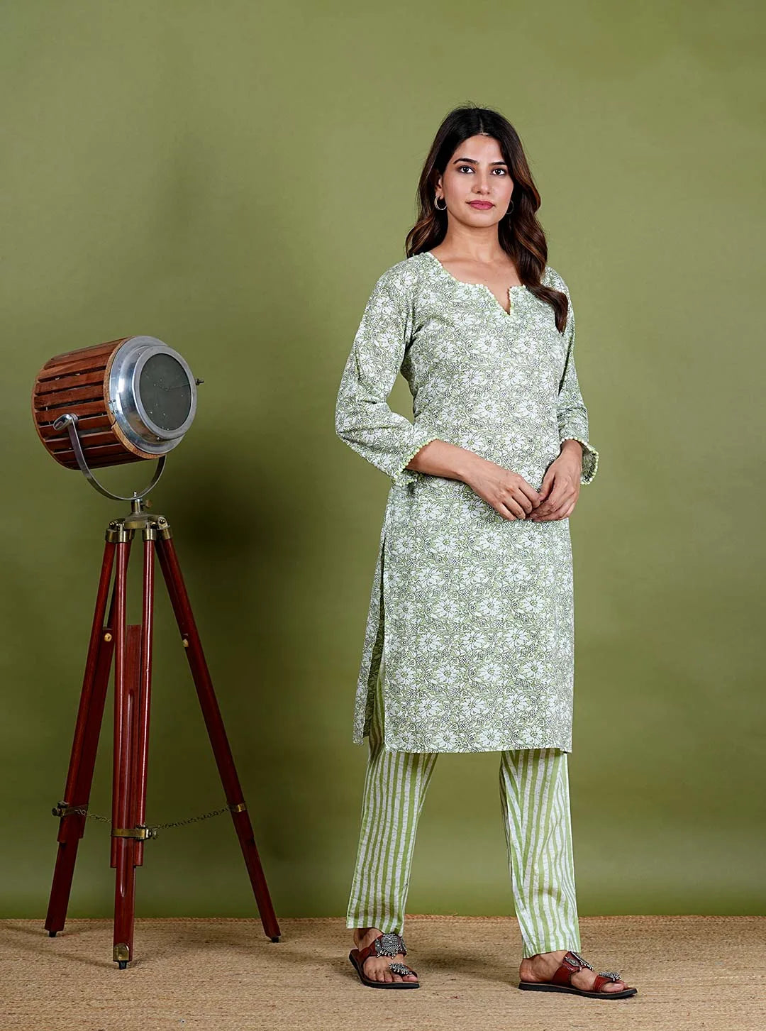 Aadvika – Floral Print Premium Cotton 2 Piece Kurta Set in Green Color, Amba Collection – Ethnic Wear
