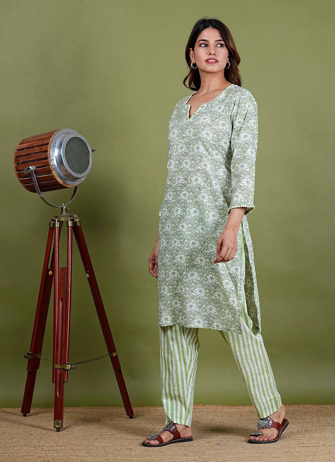 Aadvika – Floral Print Premium Cotton 2 Piece Kurta Set in Green Color, Amba Collection – Ethnic Wear