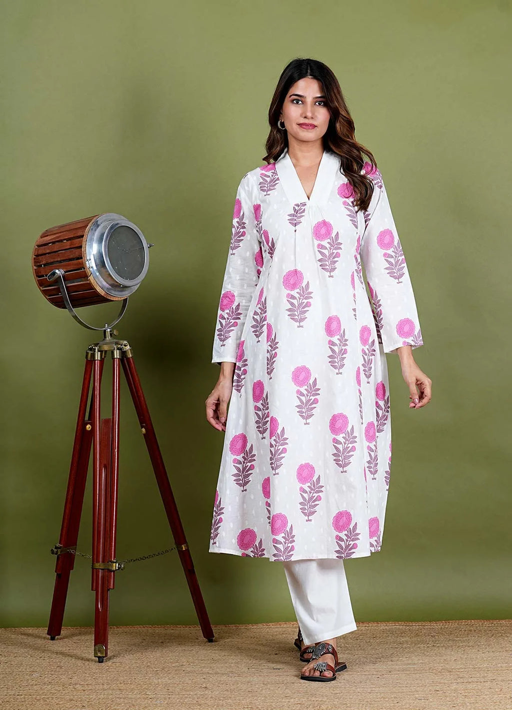 Adhita  - Floral Print Premium Cotton 2 Piece Kurta Set  in White Color, Amba Collection - Ethnic  Wear