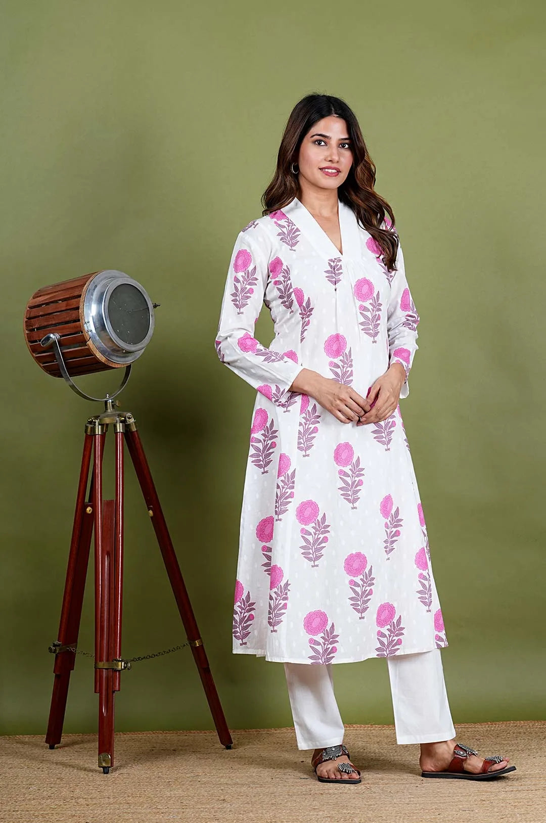 Adhita  - Floral Print Premium Cotton 2 Piece Kurta Set  in White Color, Amba Collection - Ethnic  Wear