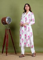 Adhita  - Floral Print Premium Cotton 2 Piece Kurta Set  in White Color, Amba Collection - Ethnic  Wear