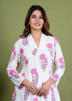 Adhita  - Floral Print Premium Cotton 2 Piece Kurta Set  in White Color, Amba Collection - Ethnic  Wear