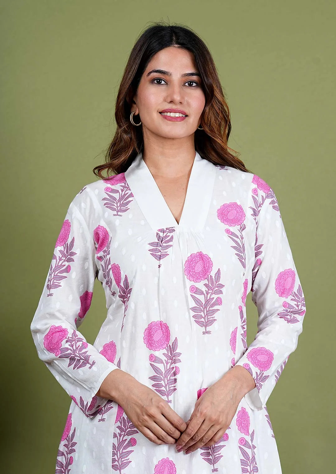 Adhita  - Floral Print Premium Cotton 2 Piece Kurta Set  in White Color, Amba Collection - Ethnic  Wear