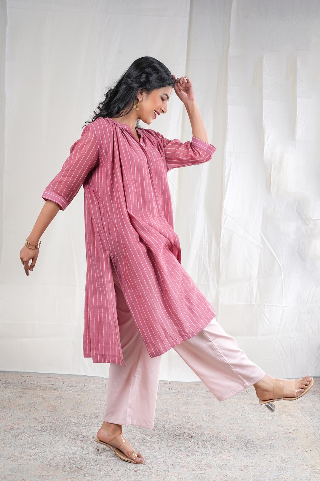 Gulabik – Stripe Print Mul Chanderi 2 Piece Kurta Set in Pink Color Phalak Collection – Indian Wear