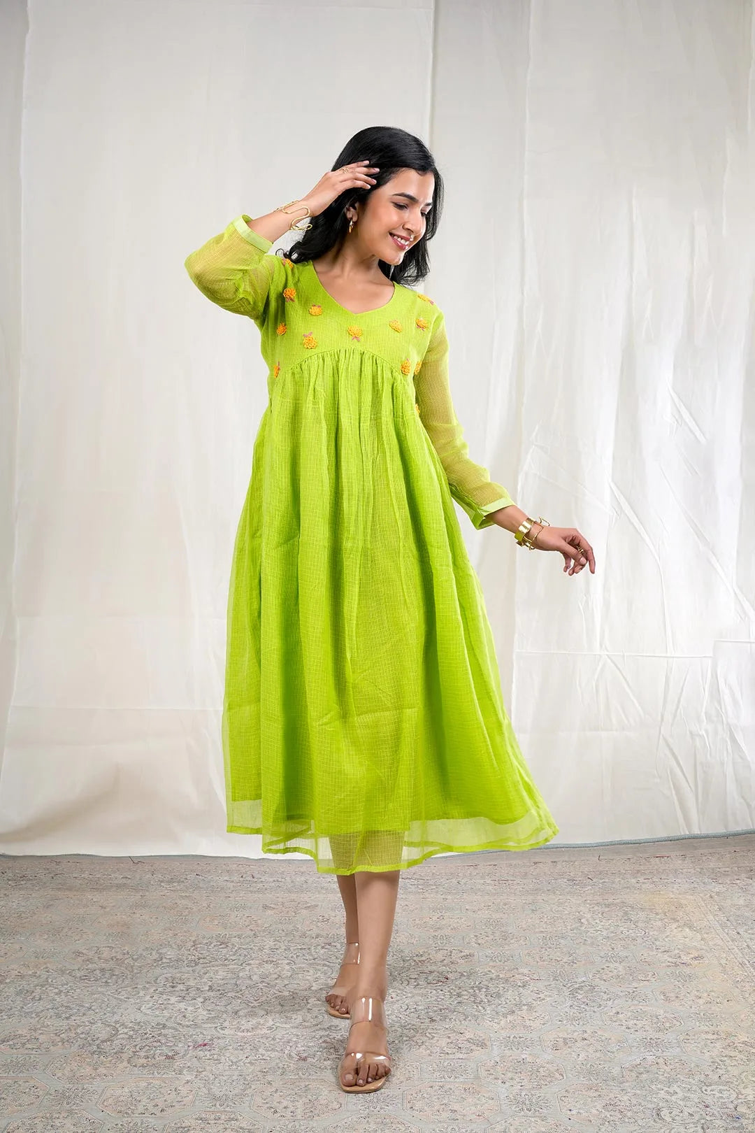 Mihira – Hand Embroidery Print Kota Doriya 1 Piece Dress in Green Color Phalak Collection – Indo Western Wear