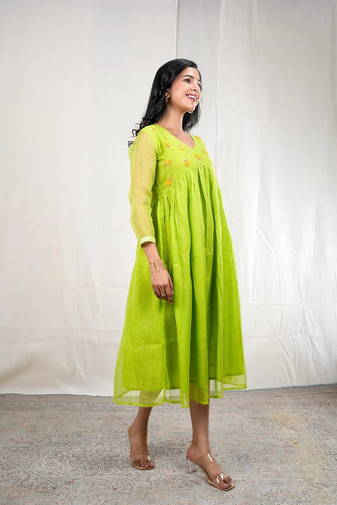 Mihira – Hand Embroidery Print Kota Doriya 1 Piece Dress in Green Color Phalak Collection – Indo Western Wear