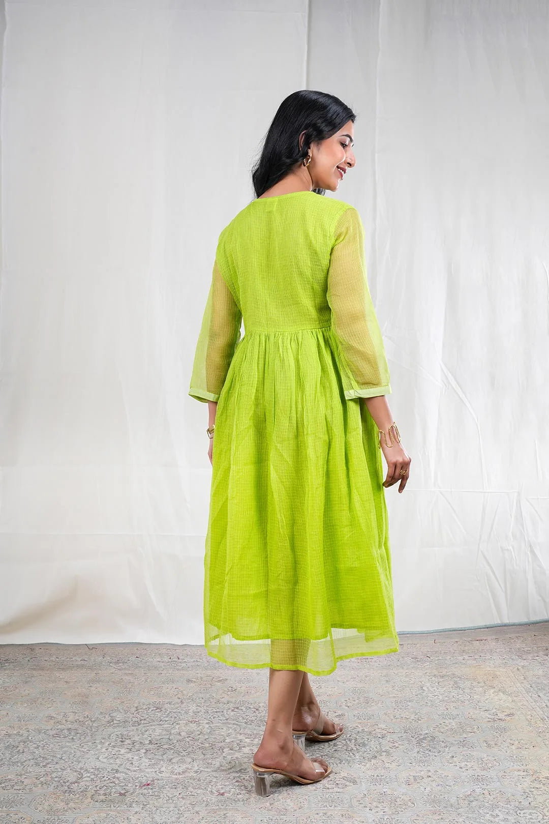 Mihira – Hand Embroidery Print Kota Doriya 1 Piece Dress in Green Color Phalak Collection – Indo Western Wear