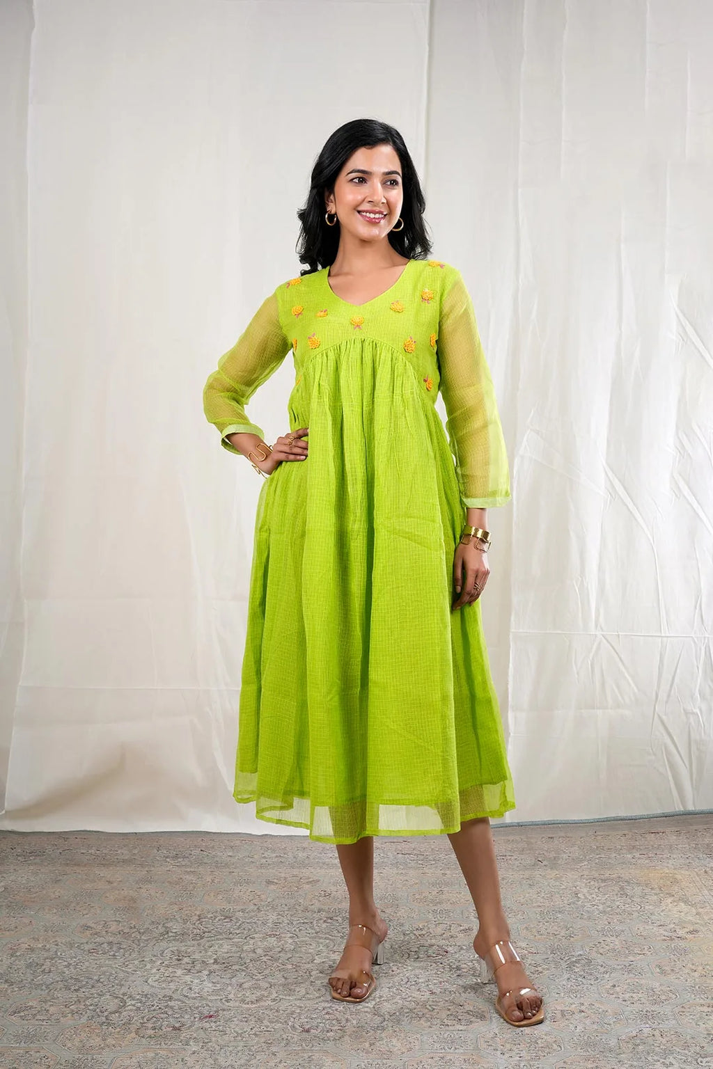 Mihira – Hand Embroidery Print Kota Doriya 1 Piece Dress in Green Color Phalak Collection – Indo Western Wear