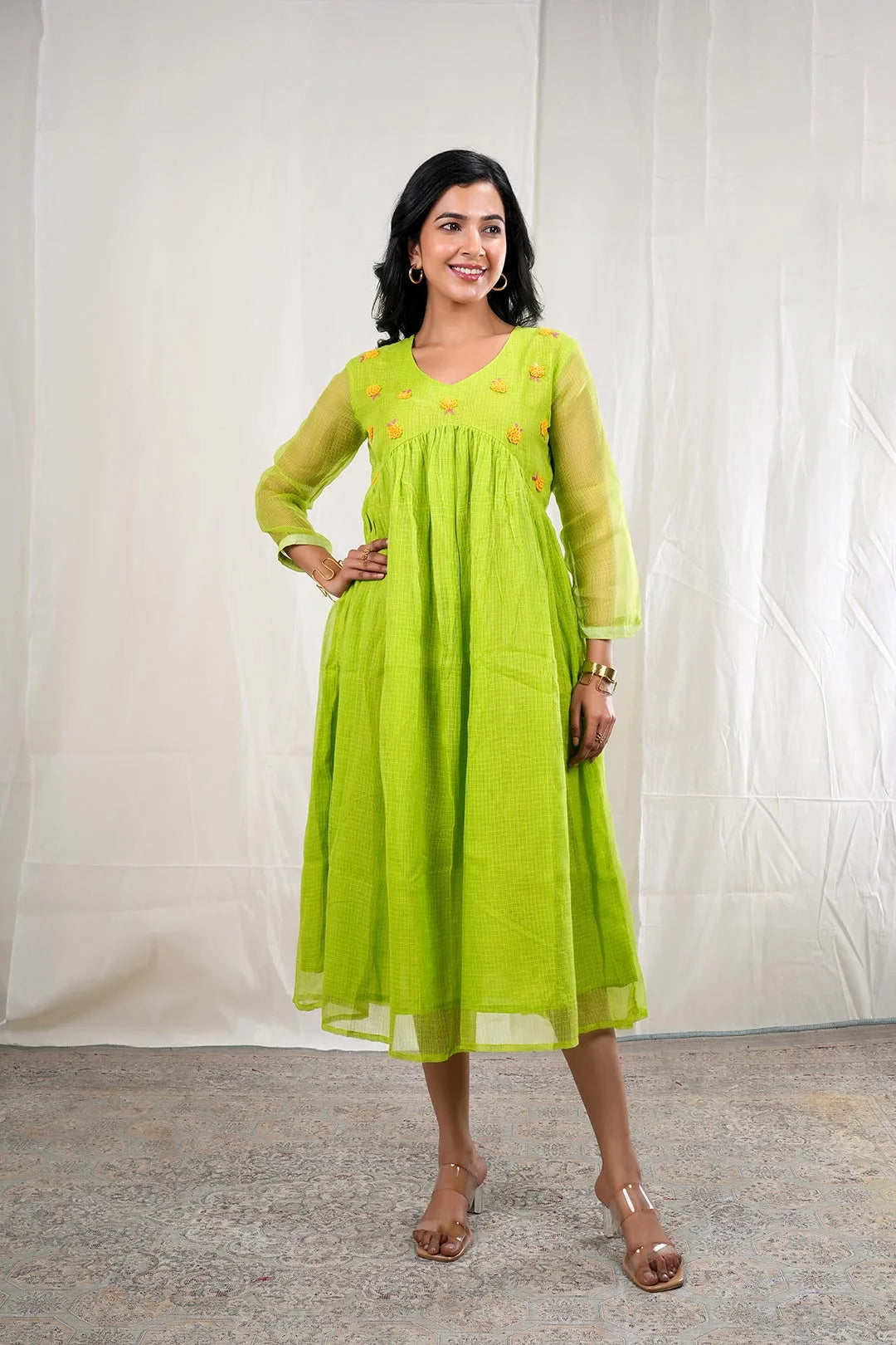 Mihira – Hand Embroidery Print Kota Doriya 1 Piece Dress in Green Color Phalak Collection – Indo Western Wear