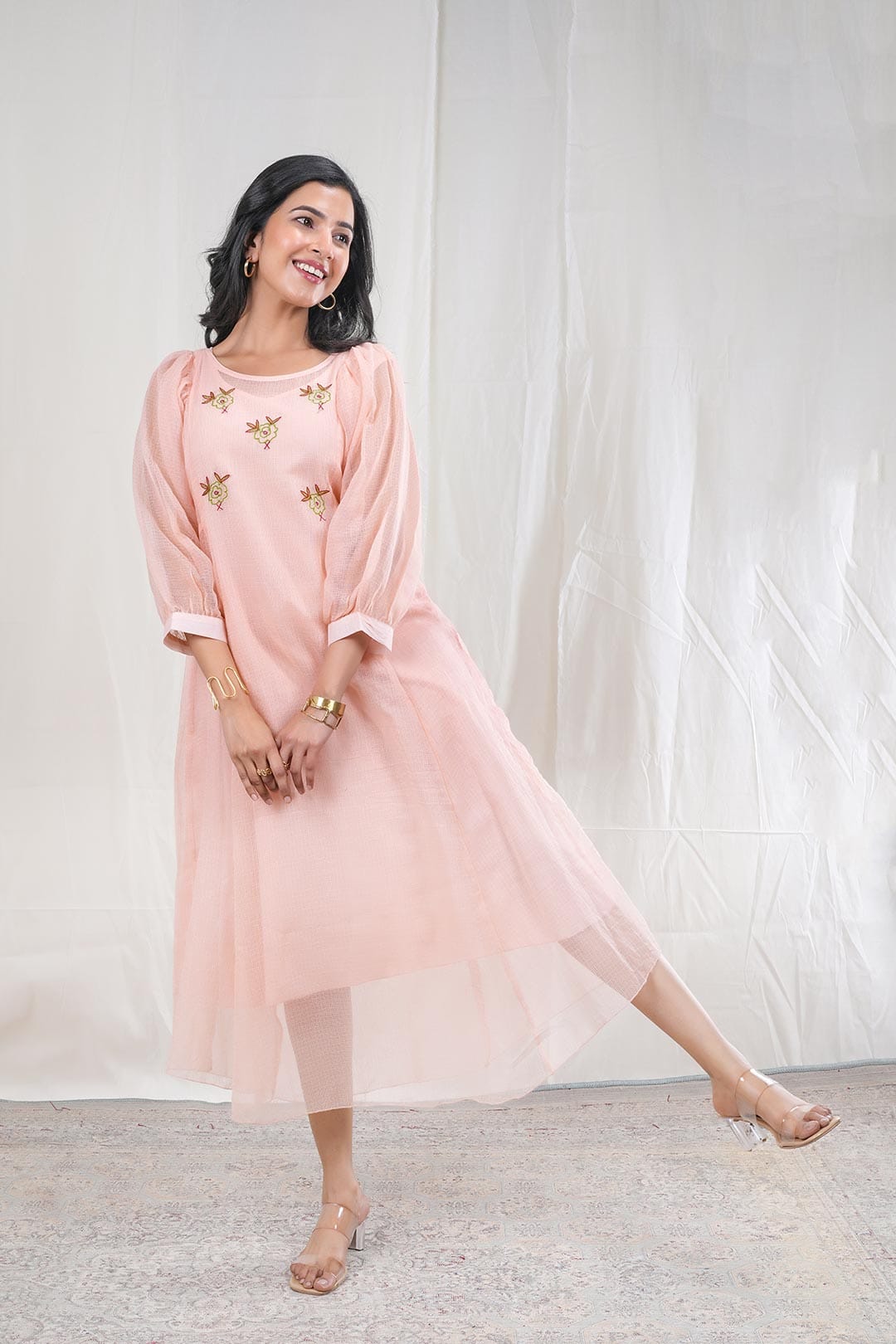 Shailee – Hand Embroidery Print Kota Doriya 1 Piece Dress in Pink Color Phalak Collection – Indo Western Wear