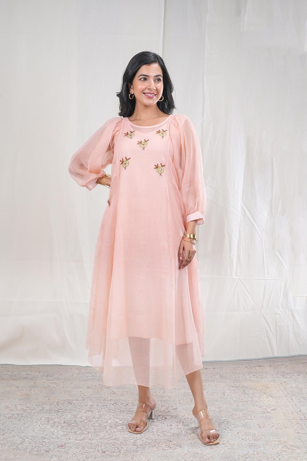 Shailee – Hand Embroidery Print Kota Doriya 1 Piece Dress in Pink Color Phalak Collection – Indo Western Wear