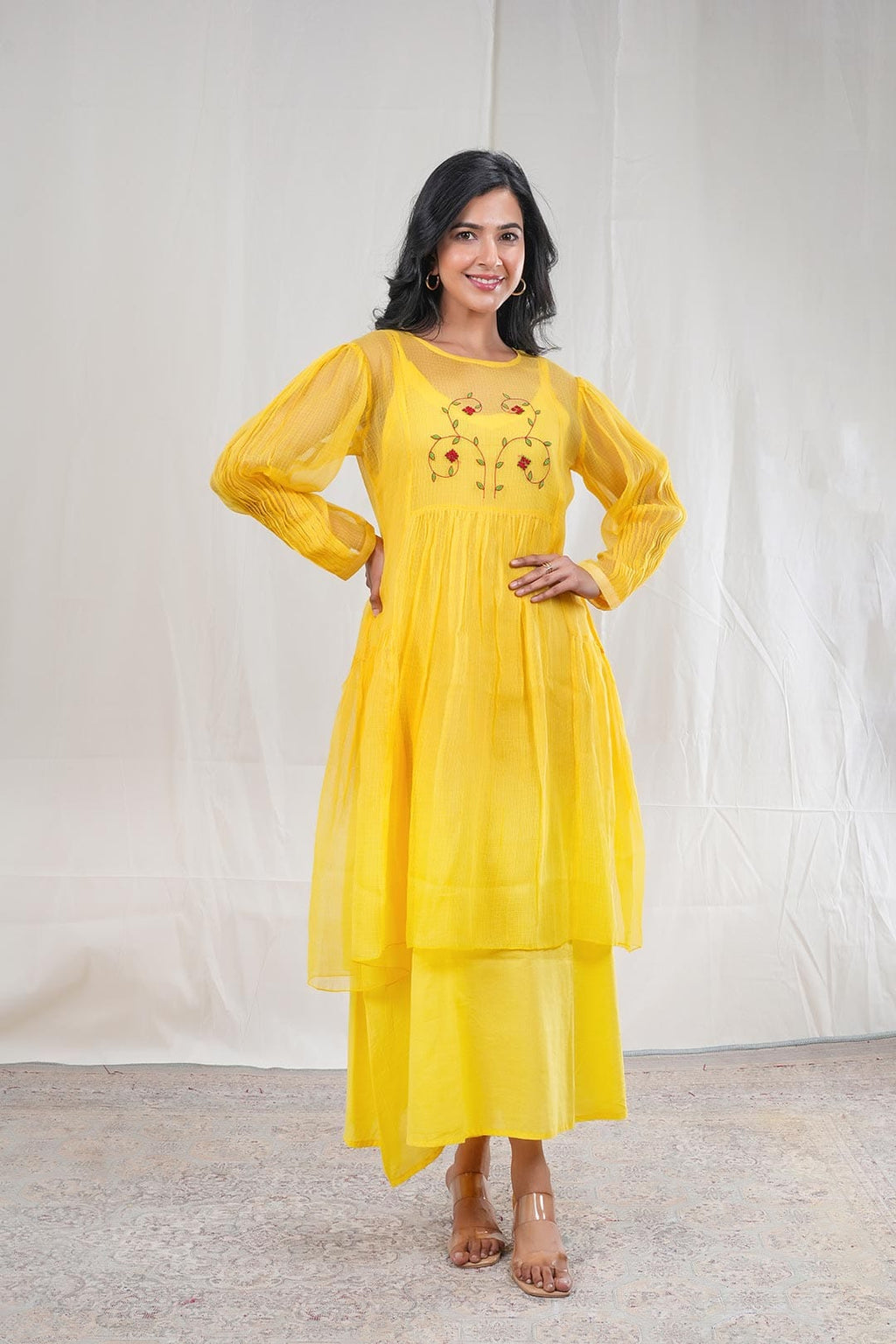 Swara – Hand Embroidery Print Kota Doriya 1 Piece Dress in Yellow Color Phalak Collection – Indo Western Wear
