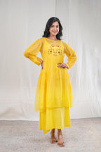 Swara – Hand Embroidery Print Kota Doriya 1 Piece Dress in Yellow Color Phalak Collection – Indo Western Wear