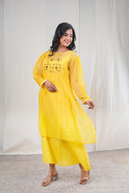 Swara – Hand Embroidery Print Kota Doriya 1 Piece Dress in Yellow Color Phalak Collection – Indo Western Wear